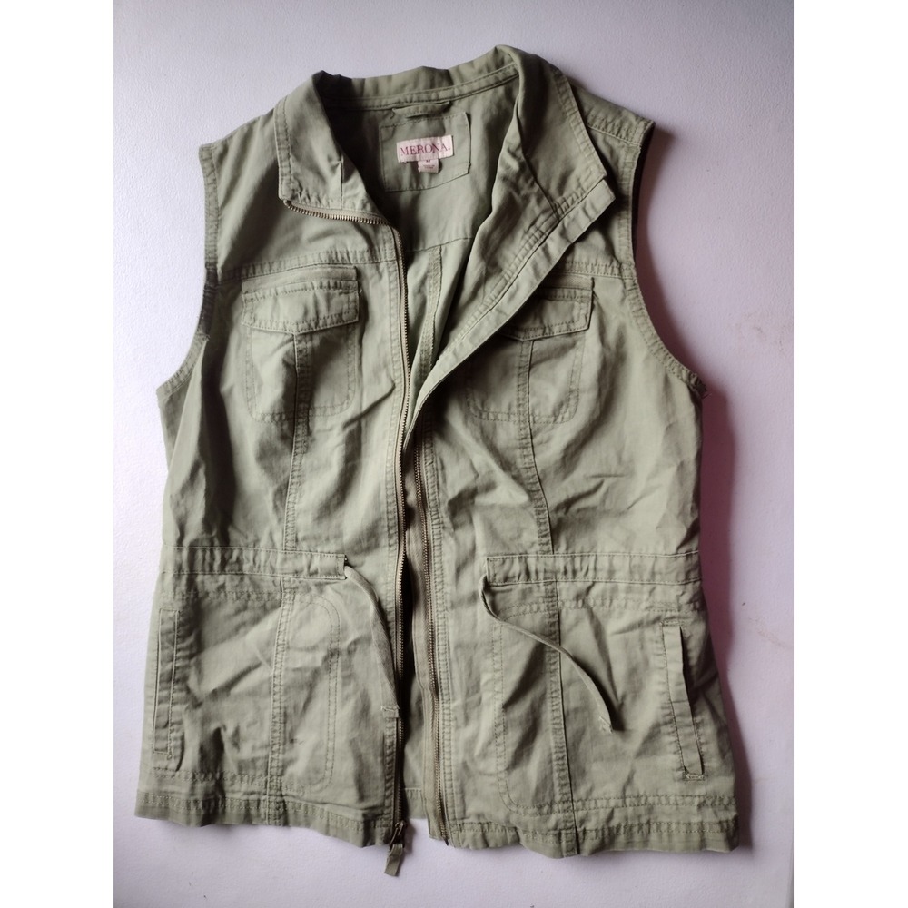 Merona Women's Utility Vest Military Style Olive Green‎ Full Zip Pockets